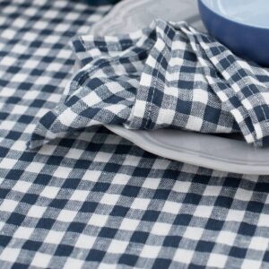 Checked blue linen tablecloth, washed fabric