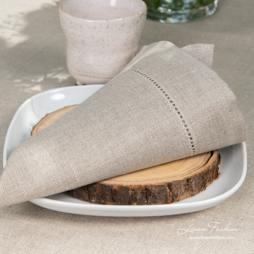 Natural flax linen napkin decorated with hemstitch