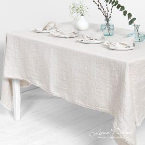 MANTIS light grey linen tablecloth with loose fringes