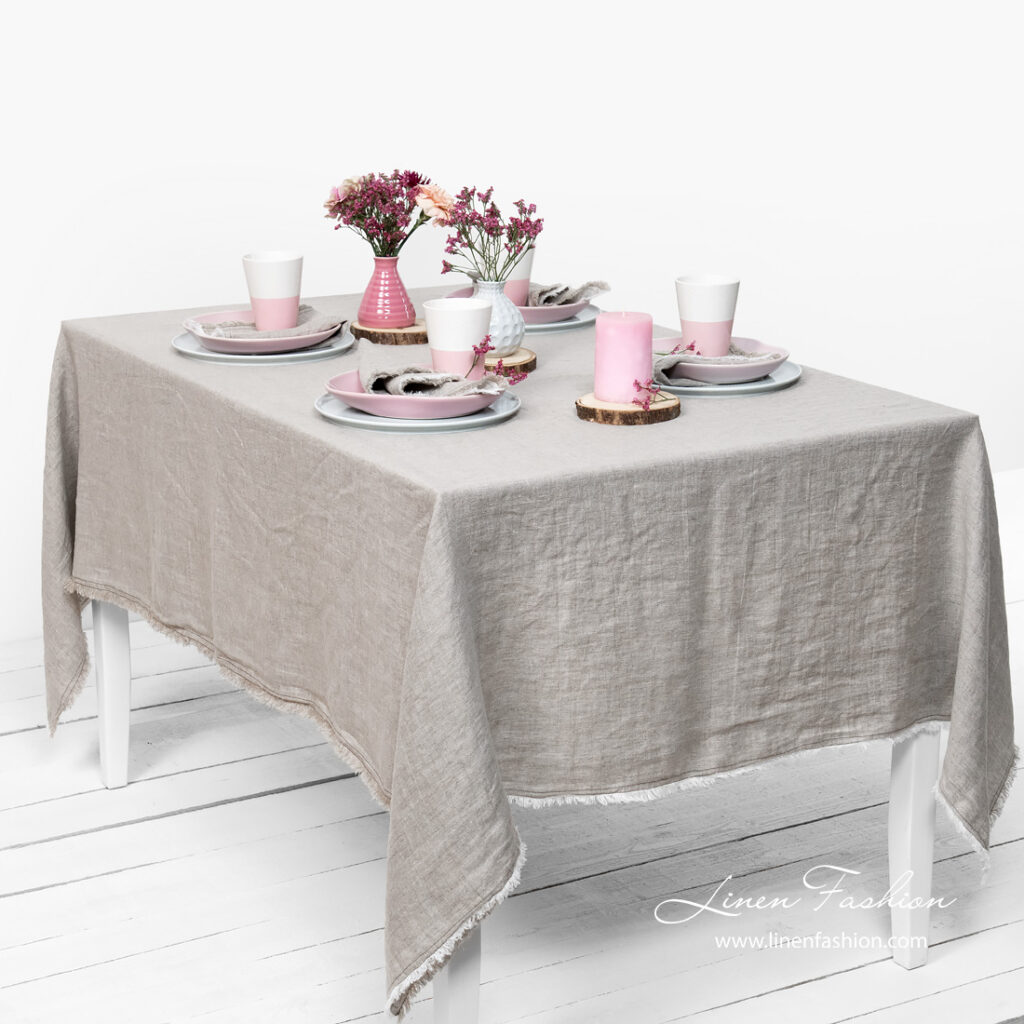 Washed linen light grey tablecloth with fringe