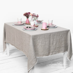 Washed linen light grey tablecloth with fringe