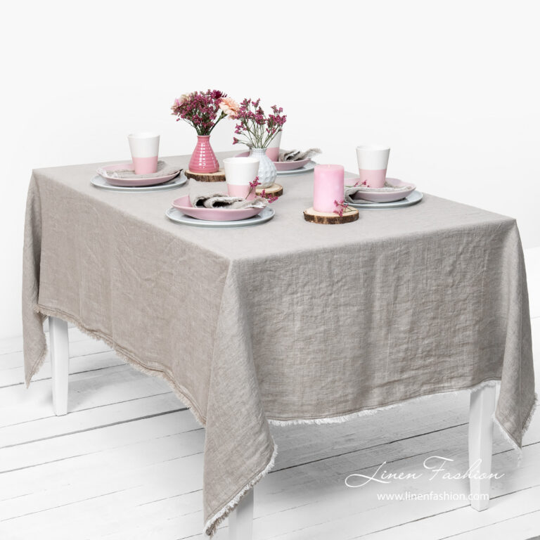 Washed linen light grey tablecloth with fringe