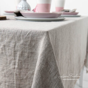 Washed light grey satin weave linen tablecloth