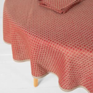 Round/oval linen cotton red tablecloth, close view