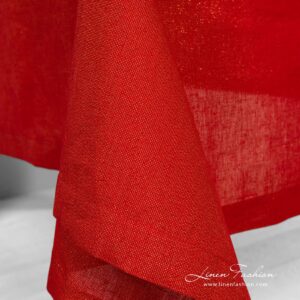 Linen tablecloth red with gold lurex yarns, folded border 4cm.