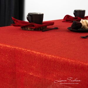 Linen tablecloth red with gold lurex yarns.