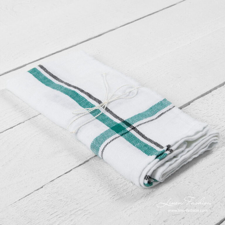 Washed white kitchen towel, green checks