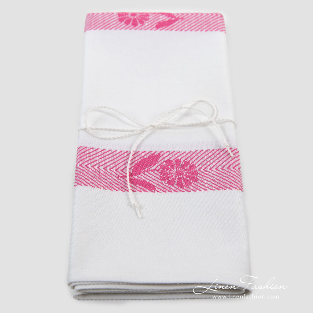 Linen cotton towels pink flowers, white base.
