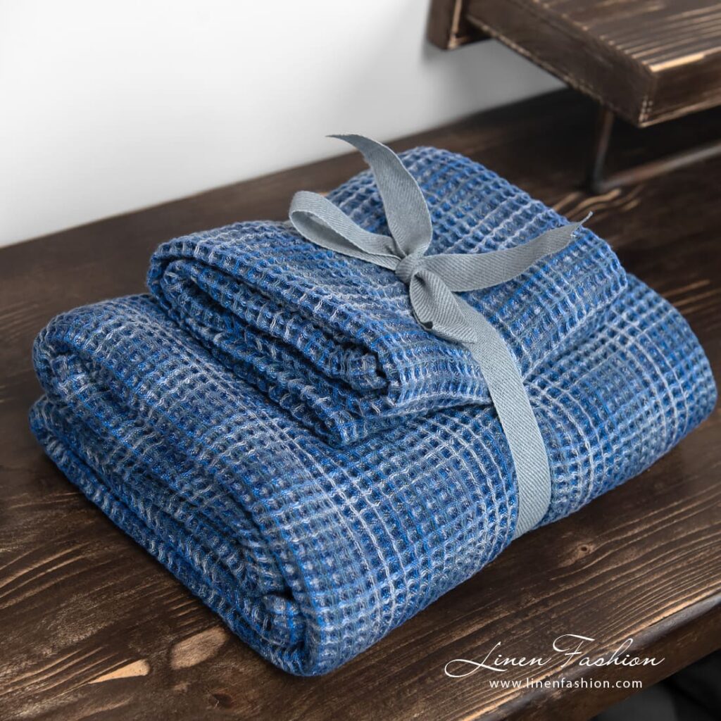 Set of blue linen cotton bath towels
