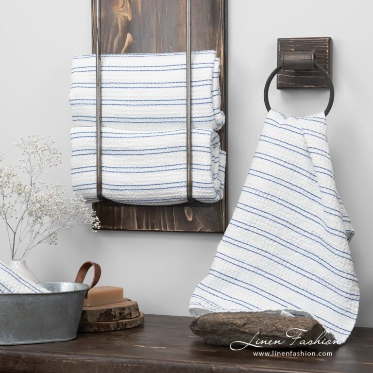White bath towel with blue stripes