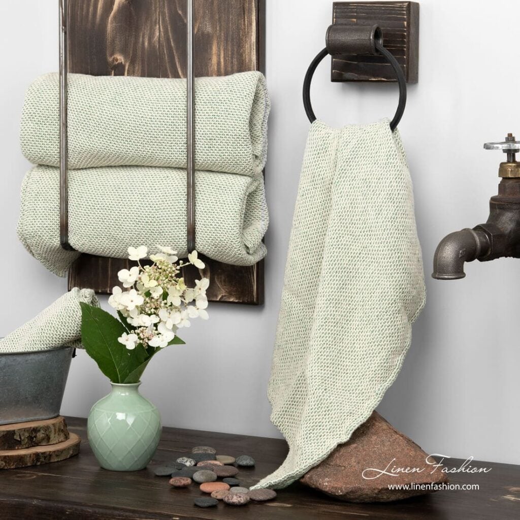 Linen towel white green honeycomb pattern