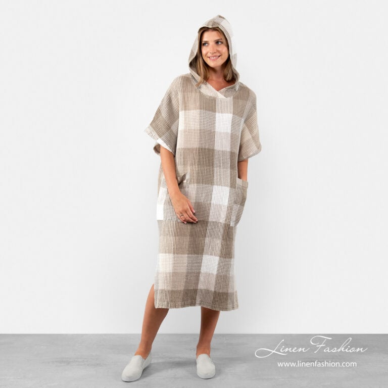 Linen poncho towel with gray checks | Linen Fashion