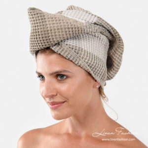 Linen hair towel - turban with brownish grey checks