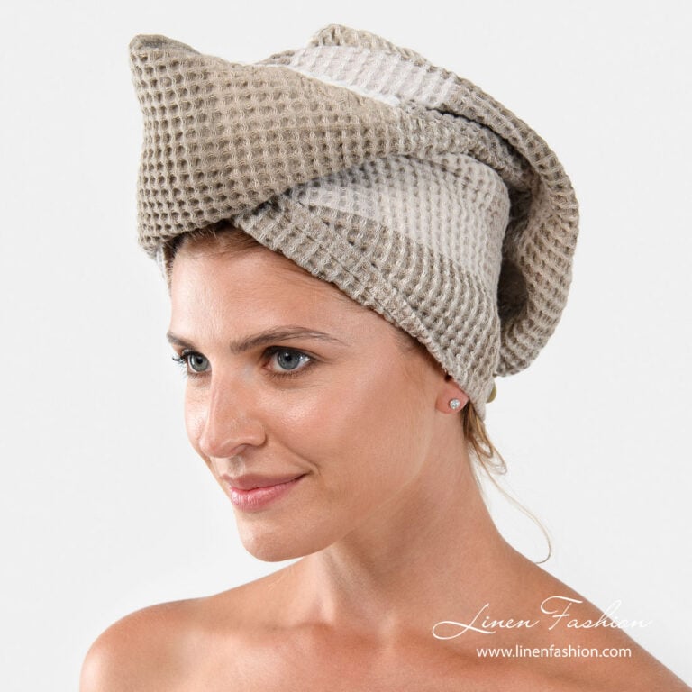 Linen hair towel - turban with brownish grey checks