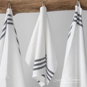 Linen cotton white towel with black stripes on sides