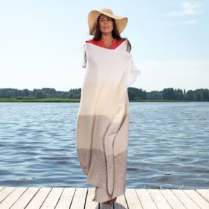 Brown linen beach towel with wide stripes