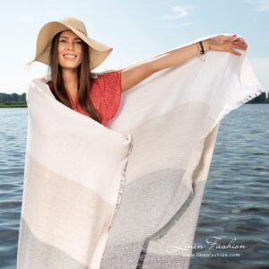 Linen cotton beach towel woven in white, brown-grey, dark grey and black yarns