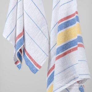 Linen cotton white striped bath towel with yellow, blue, red stripes.