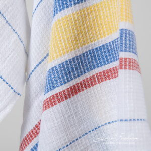 Linen cotton white striped bath towel, waffle design.