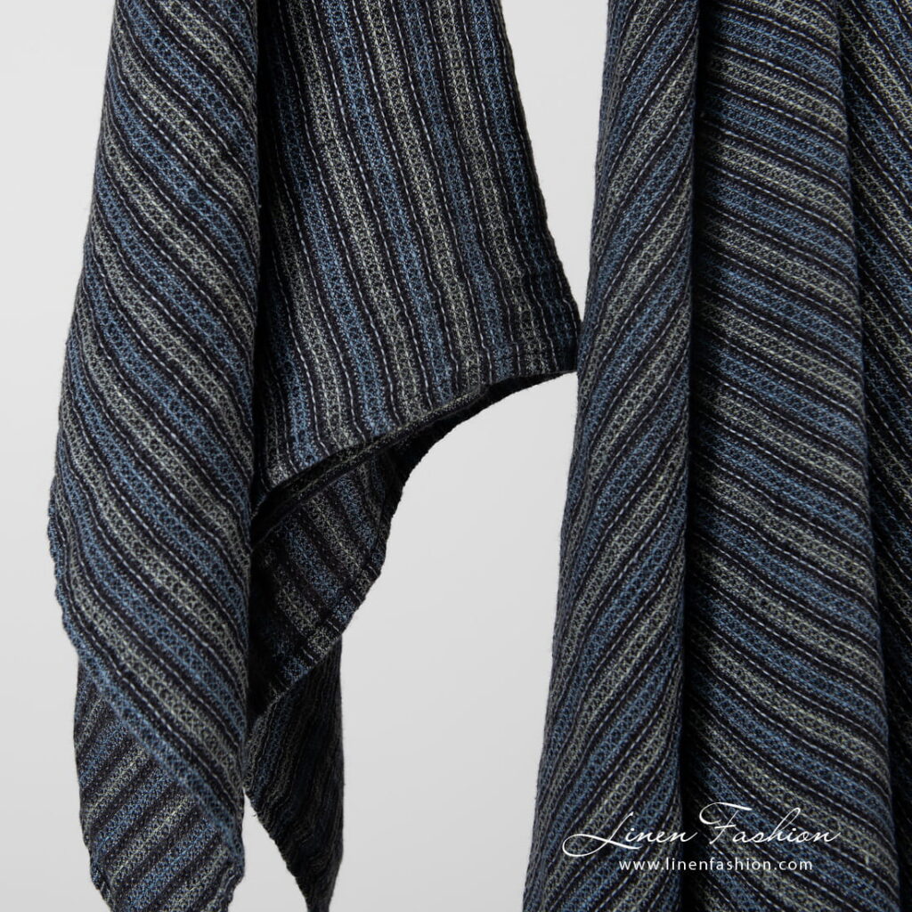 Linen black blue striped bath towel, washed.