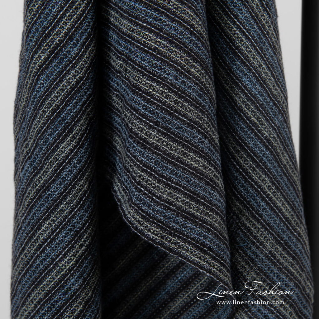 Linen black blue striped bath towel, waffle design.