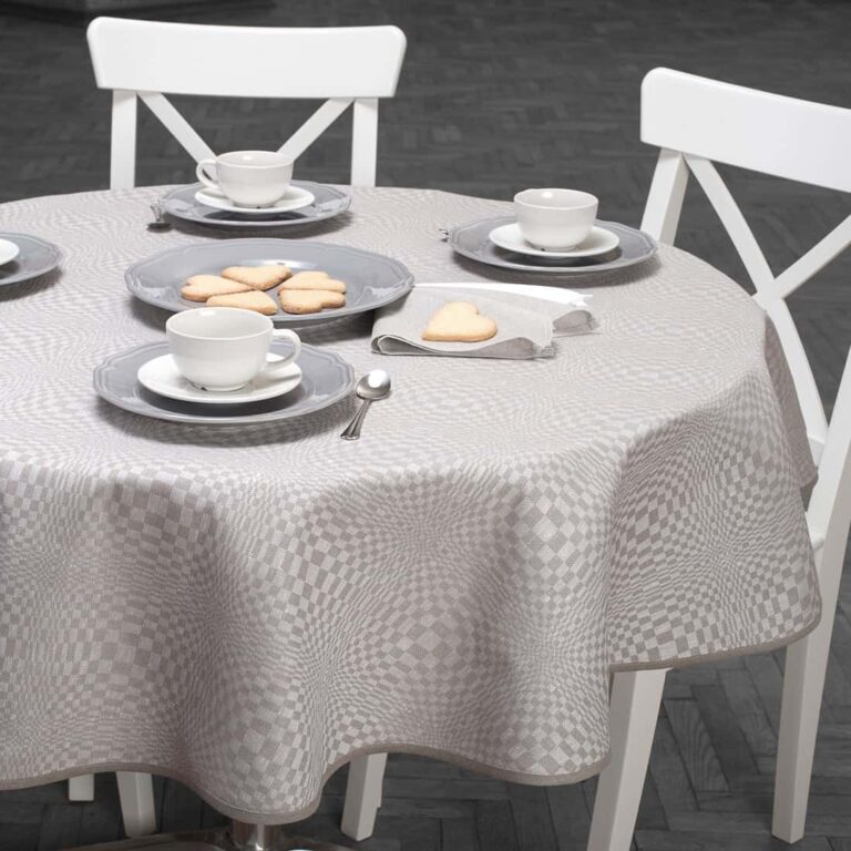 White and natural check oval linen cotton tablecloth