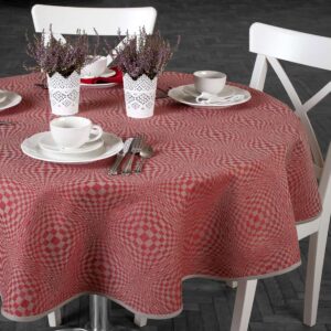 Red and natural check oval linen cotton tablecloth