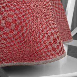 Red and natural check oval linen cotton tablecloth, piping hem
