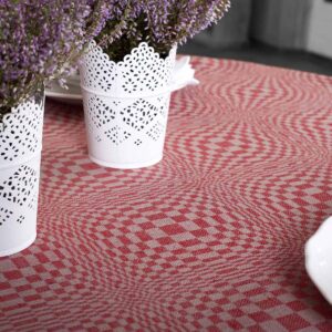 Red and natural check oval linen cotton tablecloth