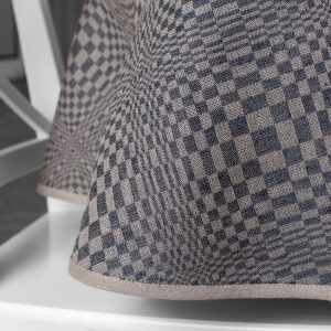 Dark blue and natural check oval linen cotton tablecloth, piping hem