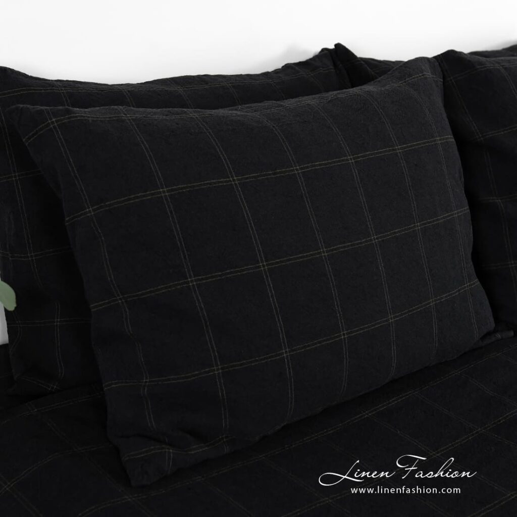 BOSKA linen cotton pillow case in black color, with green checks