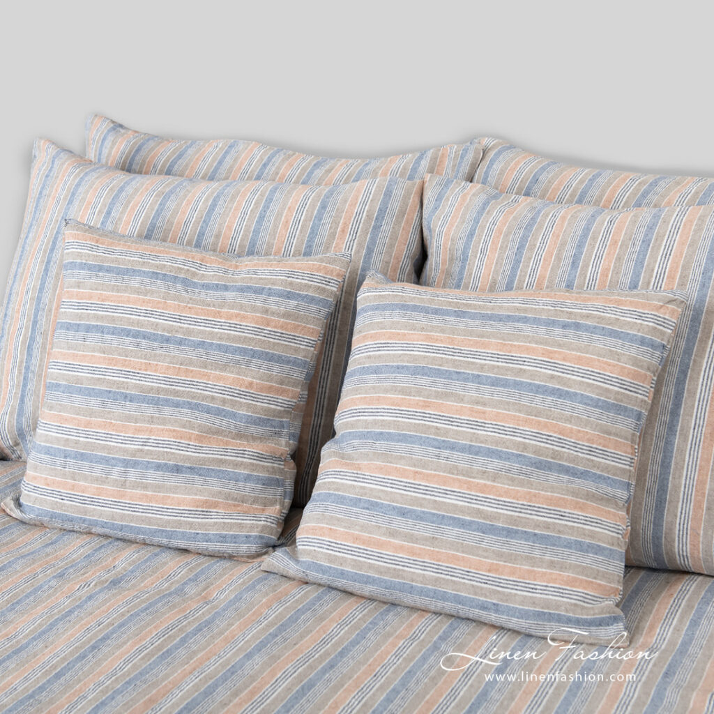 linen cotton bedlinen in stripes, cushion covers.
