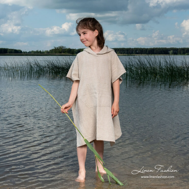 Light grey linen poncho towel for kids
