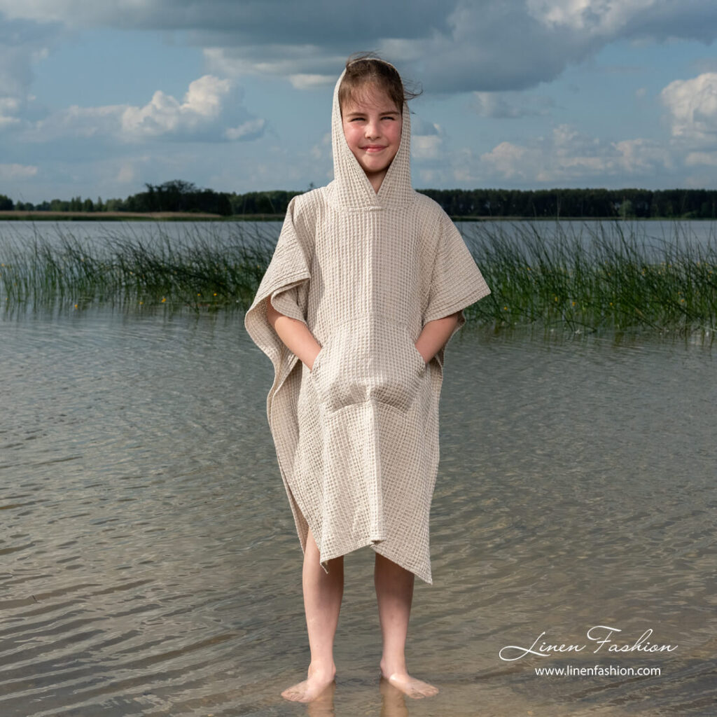 Linen blend poncho towel with hood