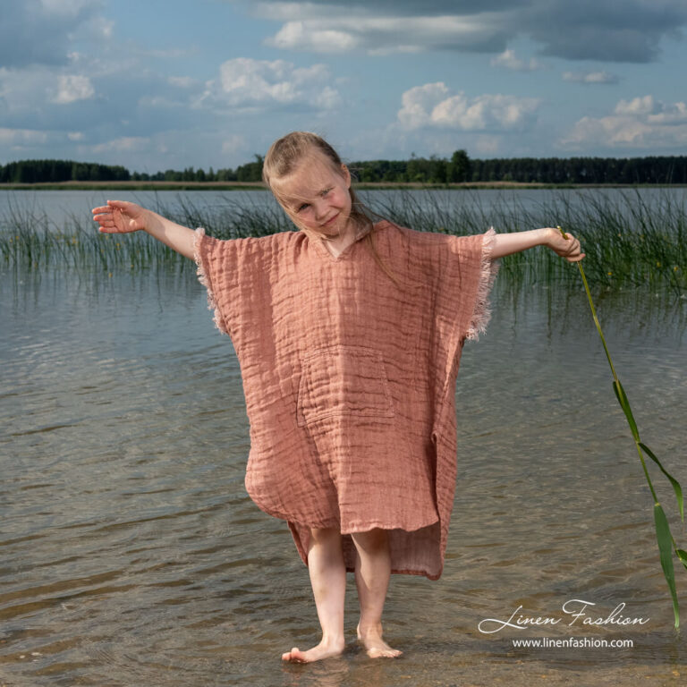 Brown kids linen poncho towel