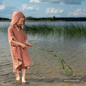 Brown kids linen poncho towel with hood