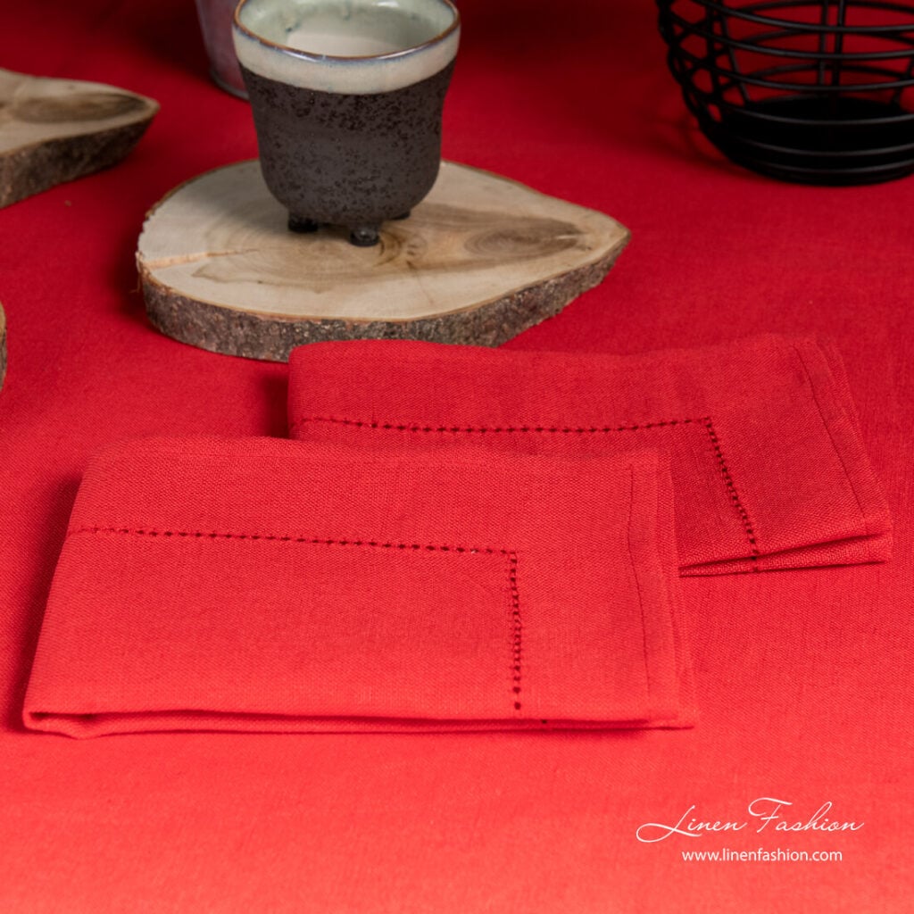 Red linen napkin with hemstitch