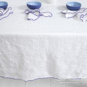 ARVO white linen tablecloth with decorative Babylock stitch around