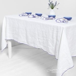 ARVO white linen tablecloth with violet border