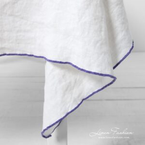 ARVO white linen tablecloth with violet border, specially washed fabric