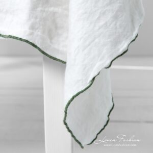 ARVO white linen tablecloth with Babylock stitch in green