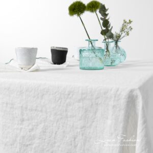 ARVO white linen tablecloth with green border, specially washed