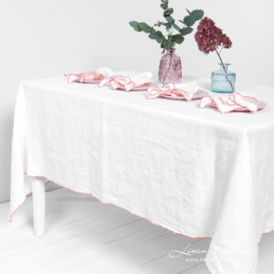 ARVO white linen tablecloth with rosy border