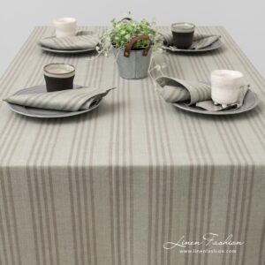 Linen cotton greenish tablecloth with flax colour stripes