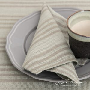 Greenish linen cotton napkin with flax colour stripes