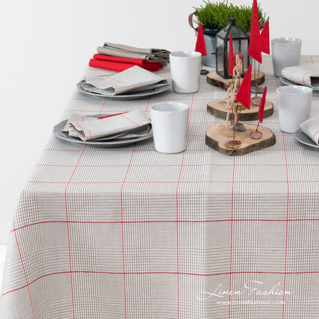 Grey checked tablecloth with red squares