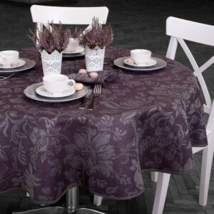 Dark violet floral oval linen cotton tablecloth