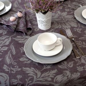 Dark violet floral oval linen cotton tablecloth