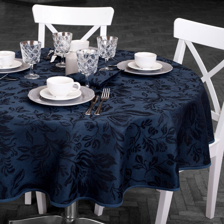 Dark blue floral oval linen cotton tablecloth