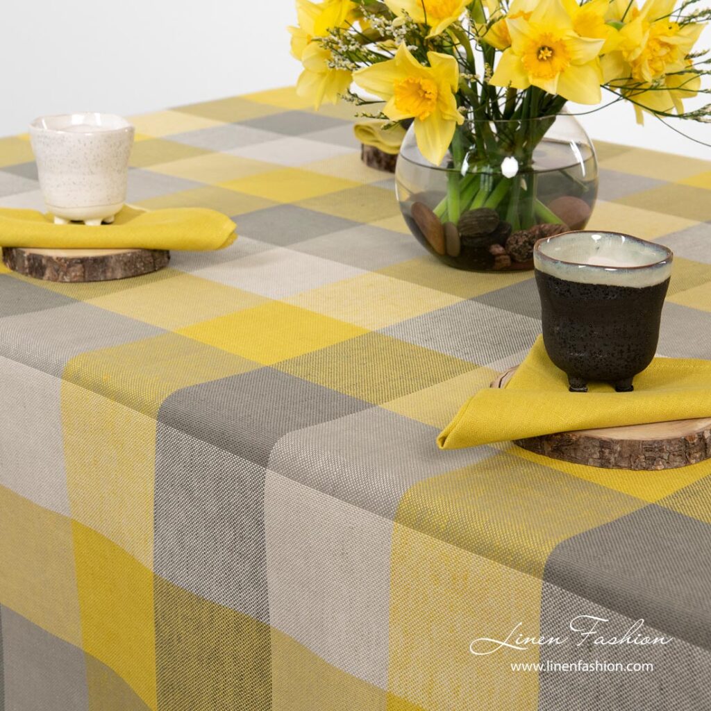Linen cotton checked tablecloth in grey yellow colors - Linen Fashion.
